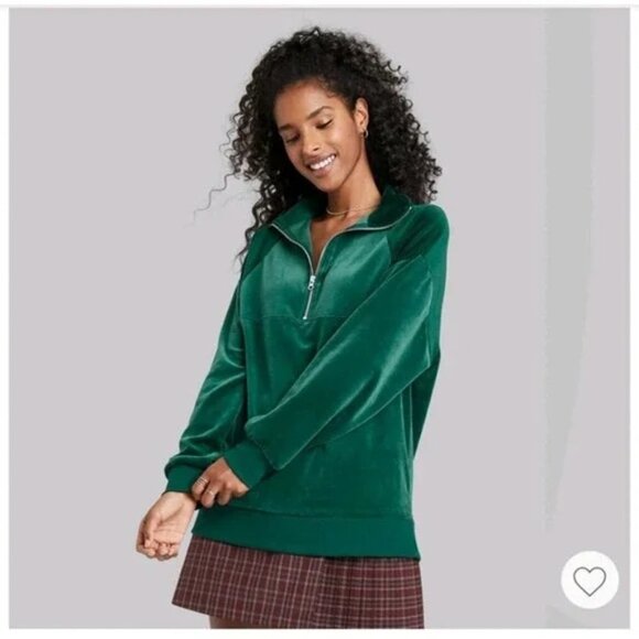 Wild Fable Sweatshirt Green Quarter Zip Velour Tunic Pullover Womens - Picture 1 of 8